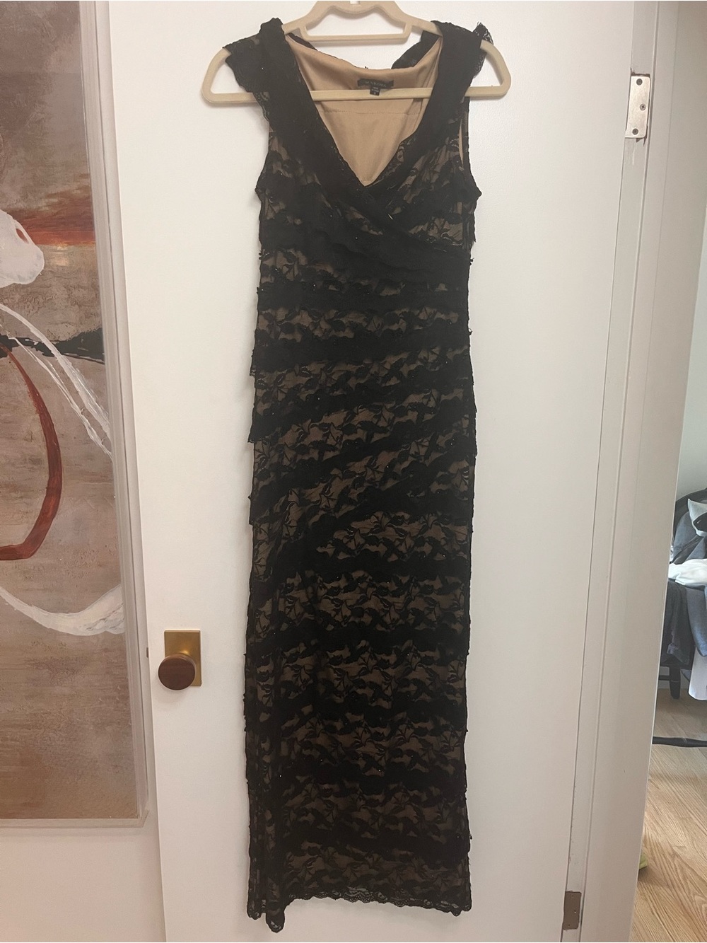 MARINA Black Lace formal cocktail wedding guest Maxi Dress with Nude Underlay